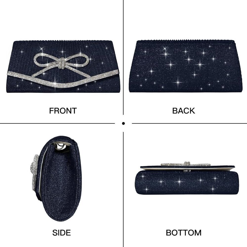 Women Bow Navy Blue Imported Magnetic Purse Rhinestone Envelope Party Handbag - Picture 5 of 6
